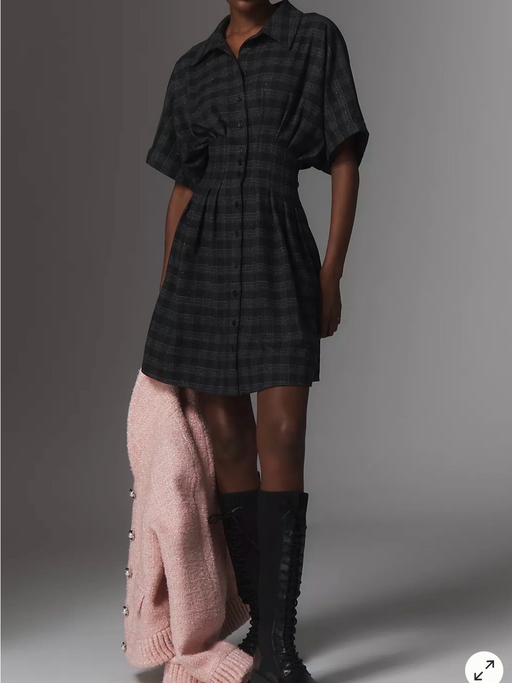 Exquise by Anthropologie tobie mini Black Plaid button down shirt dress
